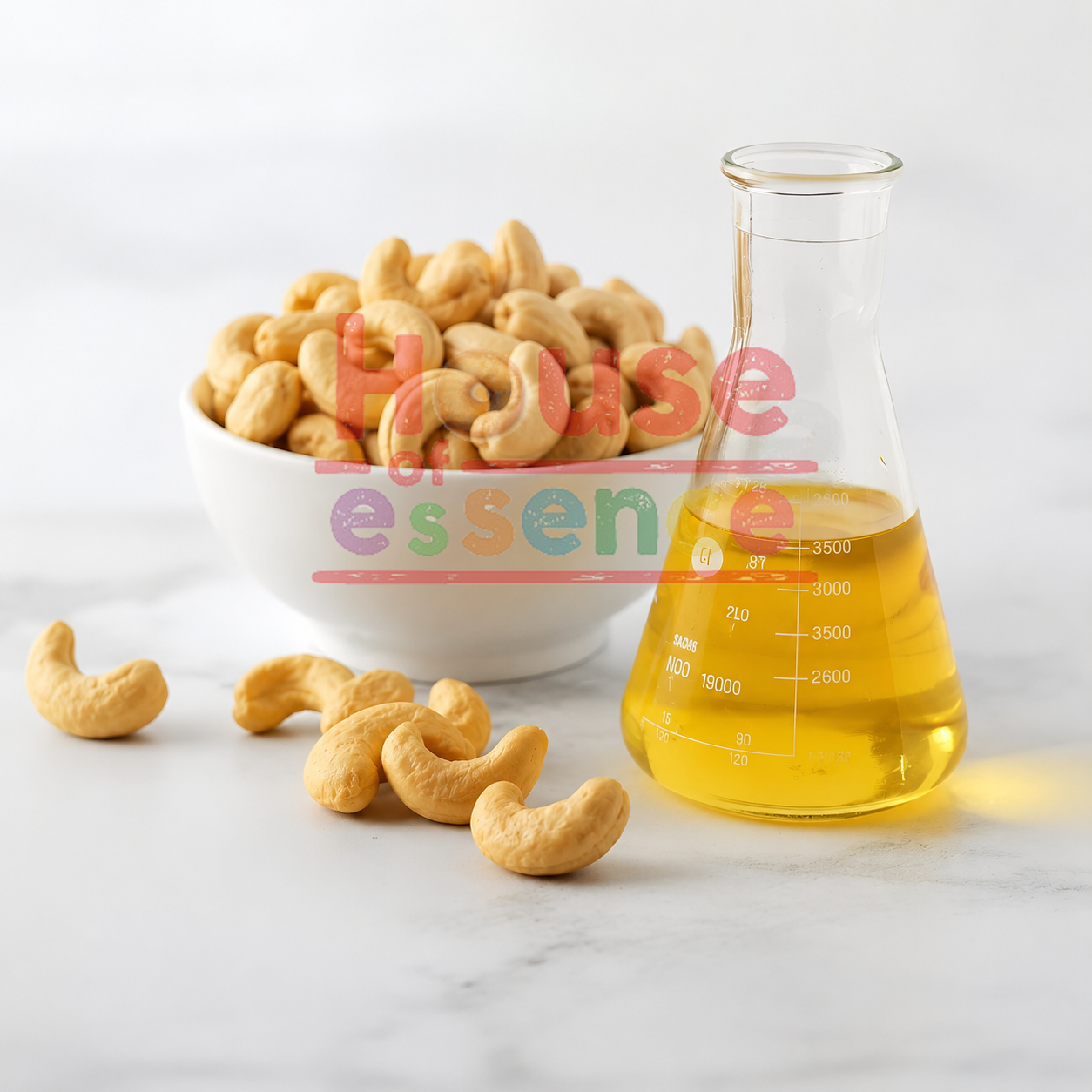 A white bowl filled with cashews sits on a light marble surface beside a clear glass Erlenmeyer flask containing golden yellow cashew oil. A few cashews are scattered in front, and a translucent 'House of essence' watermark overlays the center.