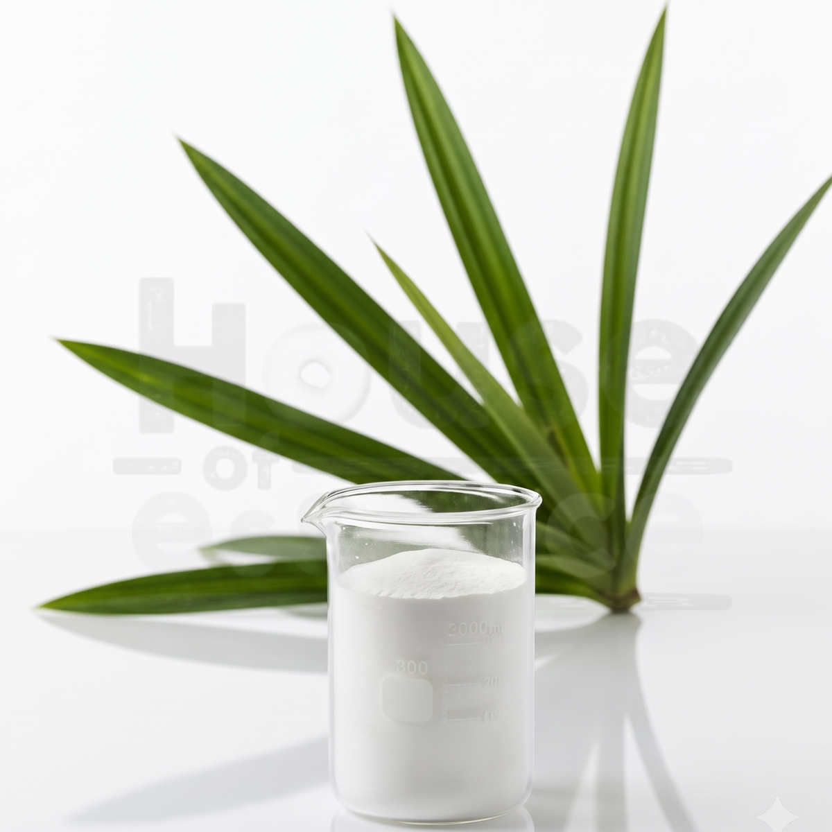 A clear glass beaker filled with white powder placed on a white reflective surface, with green plant leaves behind it against a white studio background.