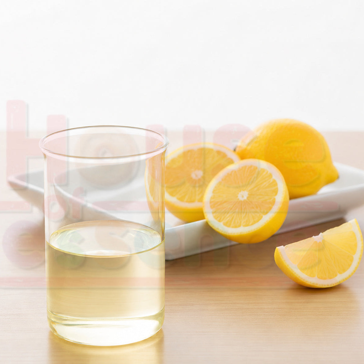 A clear glass filled with pale yellow liquid on a wooden surface, with sliced lemons and a whole lemon on a white plate in the background.