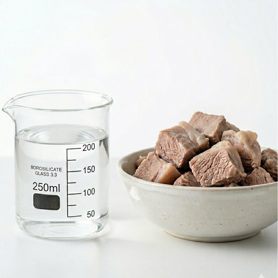 Beaker with water and bowl of meat on a white background