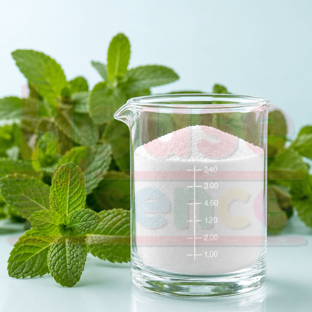 A clear glass beaker filled with white powder and a pink lid or top layer, styled with fresh green mint leaves against a pale blue background.