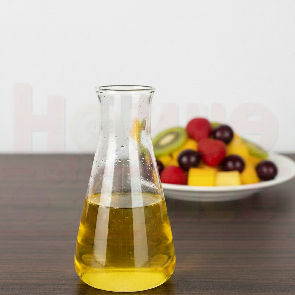 Clear glass carafe with yellow liquid on a wooden surface, with a bowl of fruit in the background.