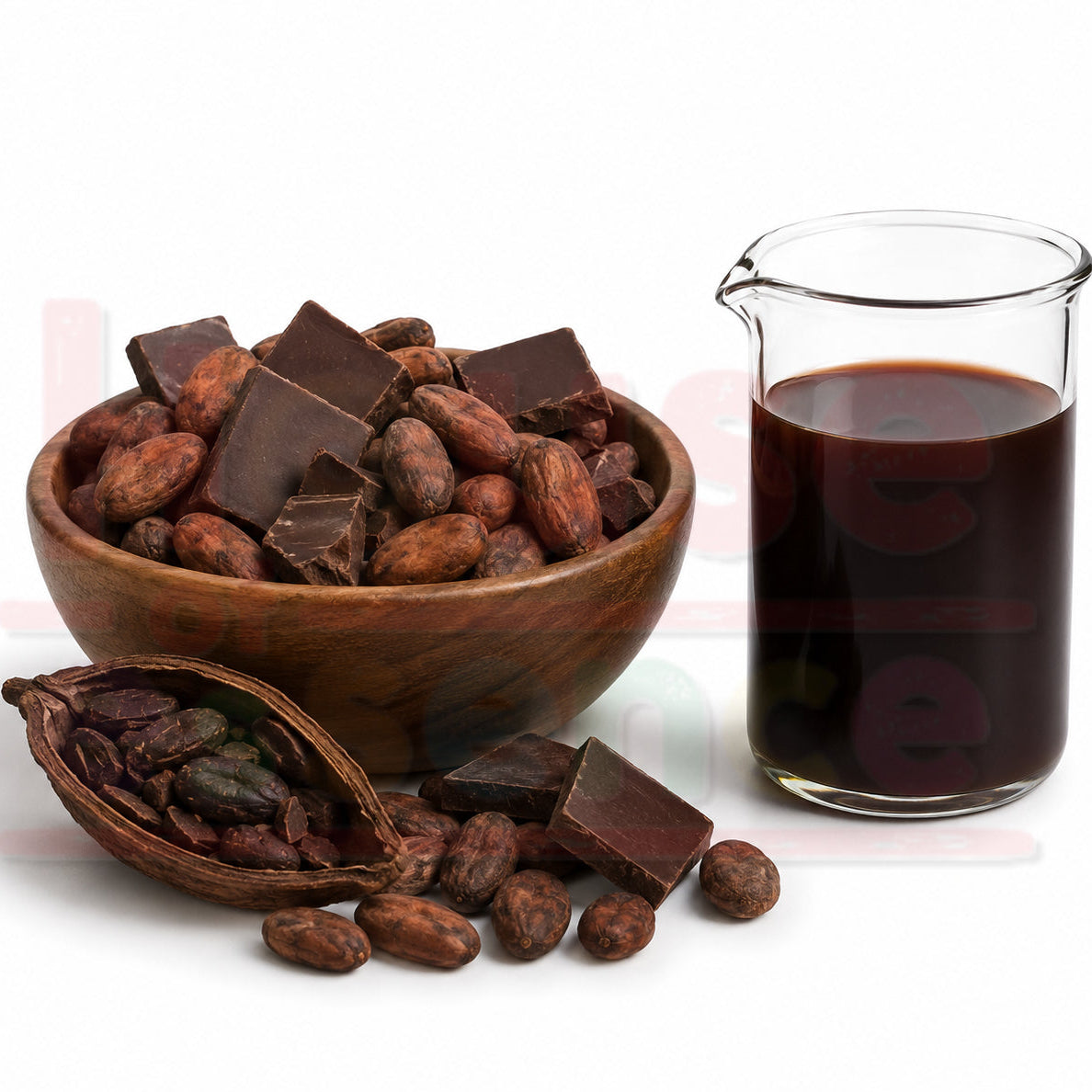 A wooden bowl filled with chocolate pieces and cocoa beans, with a cracked half showing more beans and a glass beaker of dark cocoa liquid, photographed on a white background.