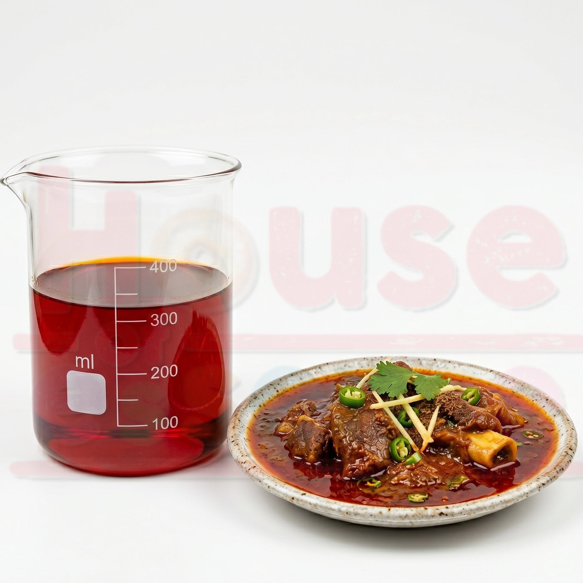 Beaker with red liquid next to a plate of food on a white background