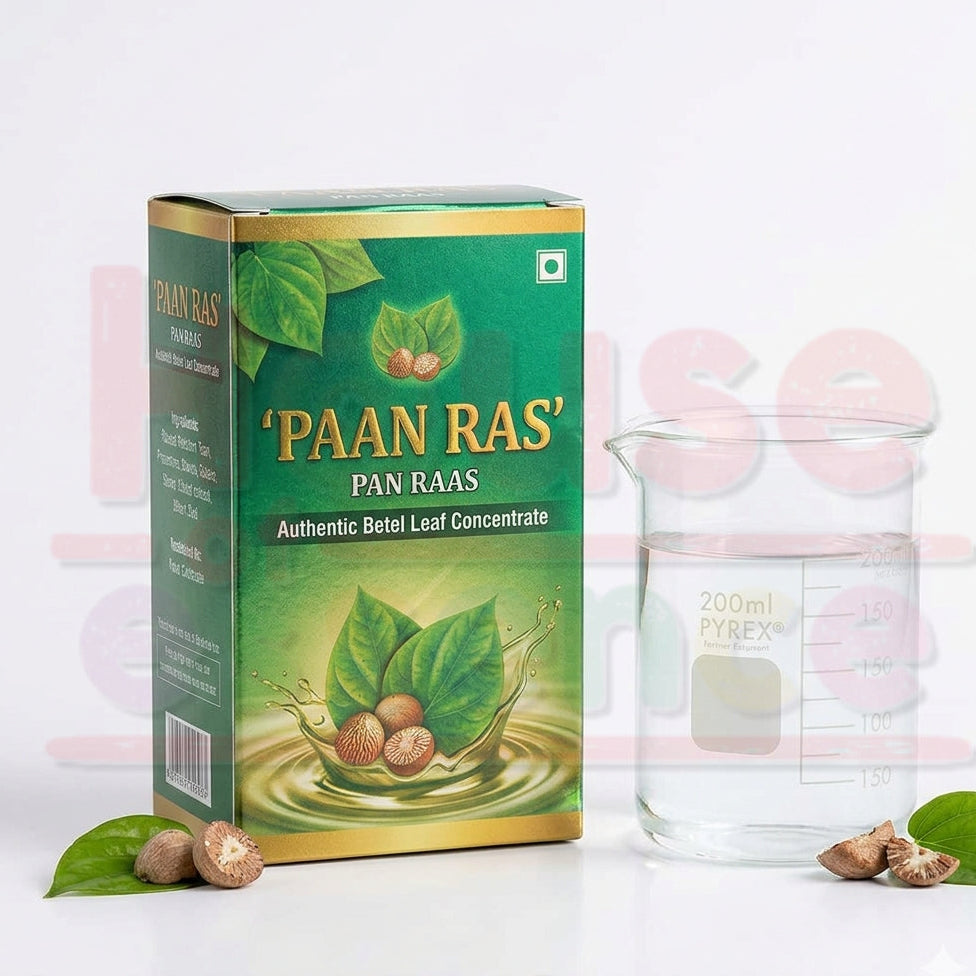 Paan Ras packaging with a glass container on a white background