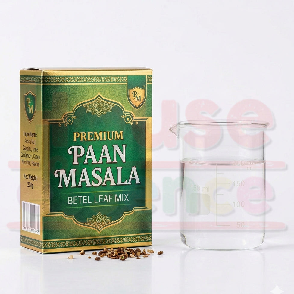Box of Premium Paan Masala with a glass container on a white background