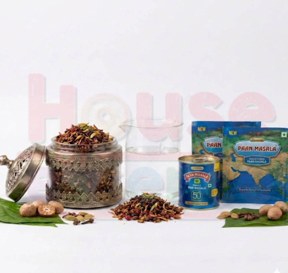 PAAN MASALA products including a jar, can, and packets on a white background with 'House' branding.