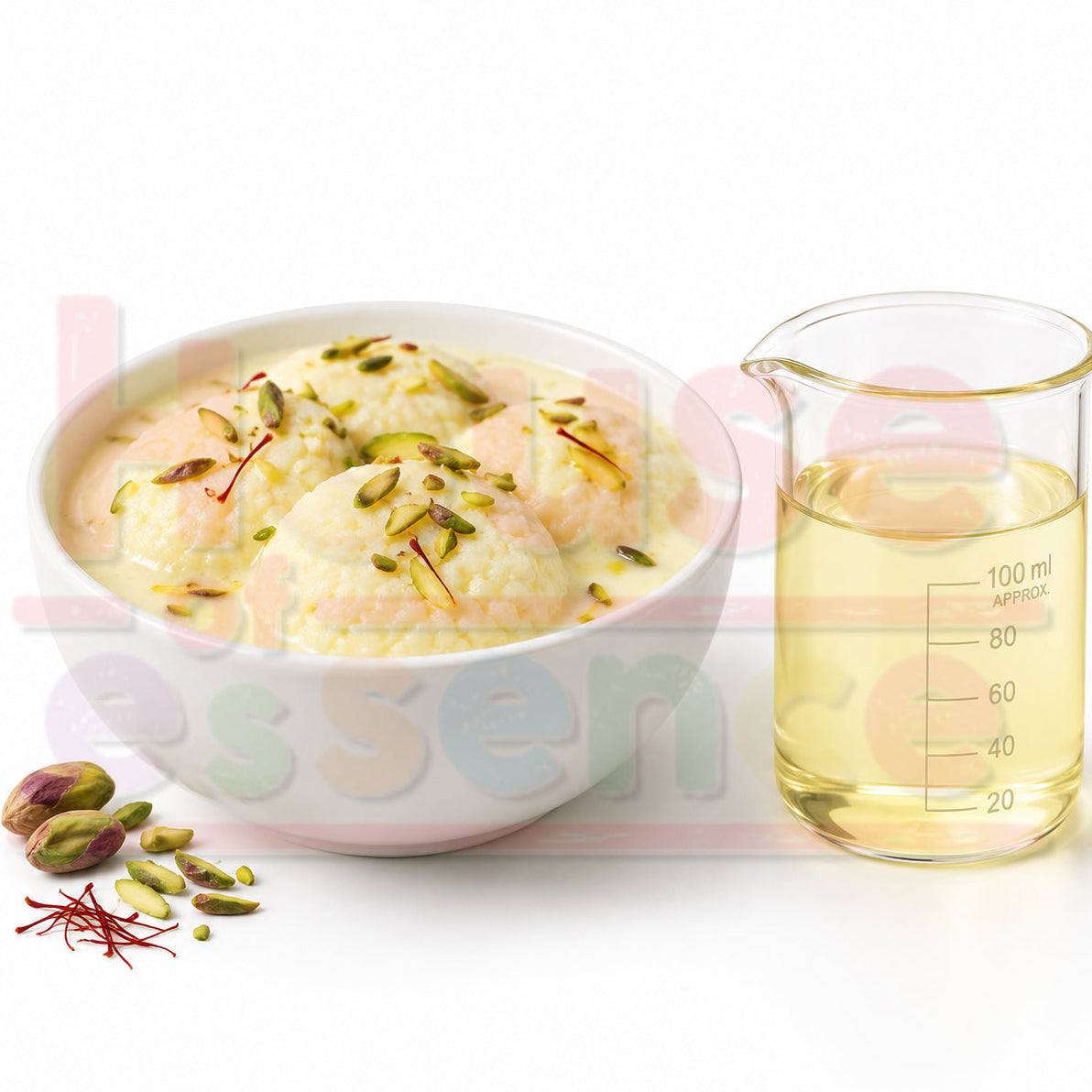A white bowl of sweet dessert with pistachios and saffron threads, next to a clear glass beaker filled with pale yellow liquid, on a white background with a faint watermark.