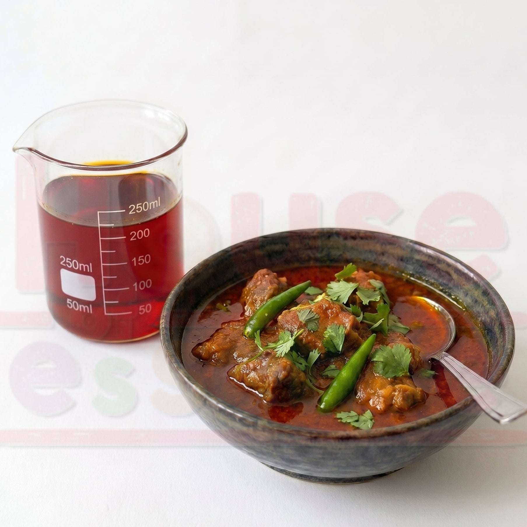Bowl of curry with a spoon next to a measuring cup on a white background