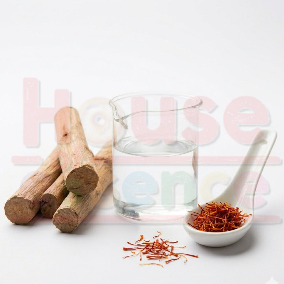 Saffron threads in a small bowl with a glass of water and wooden sticks on a white background.