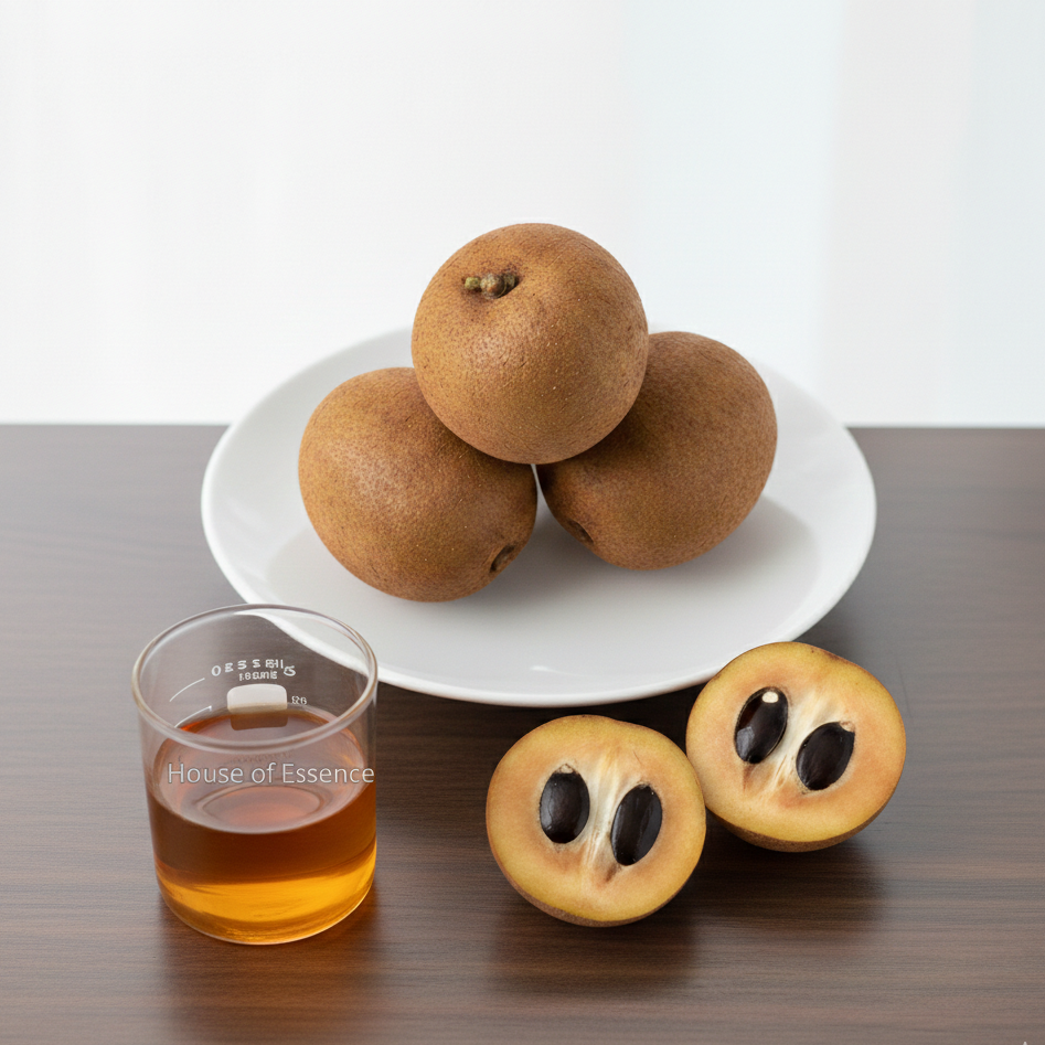 Three whole and one halved loquats on a white plate with a glass of juice 