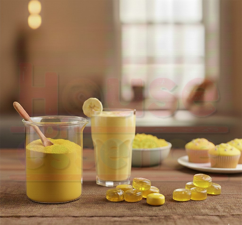 Two glasses of yellow drinks with a spoon and lemon slices on a wooden table.