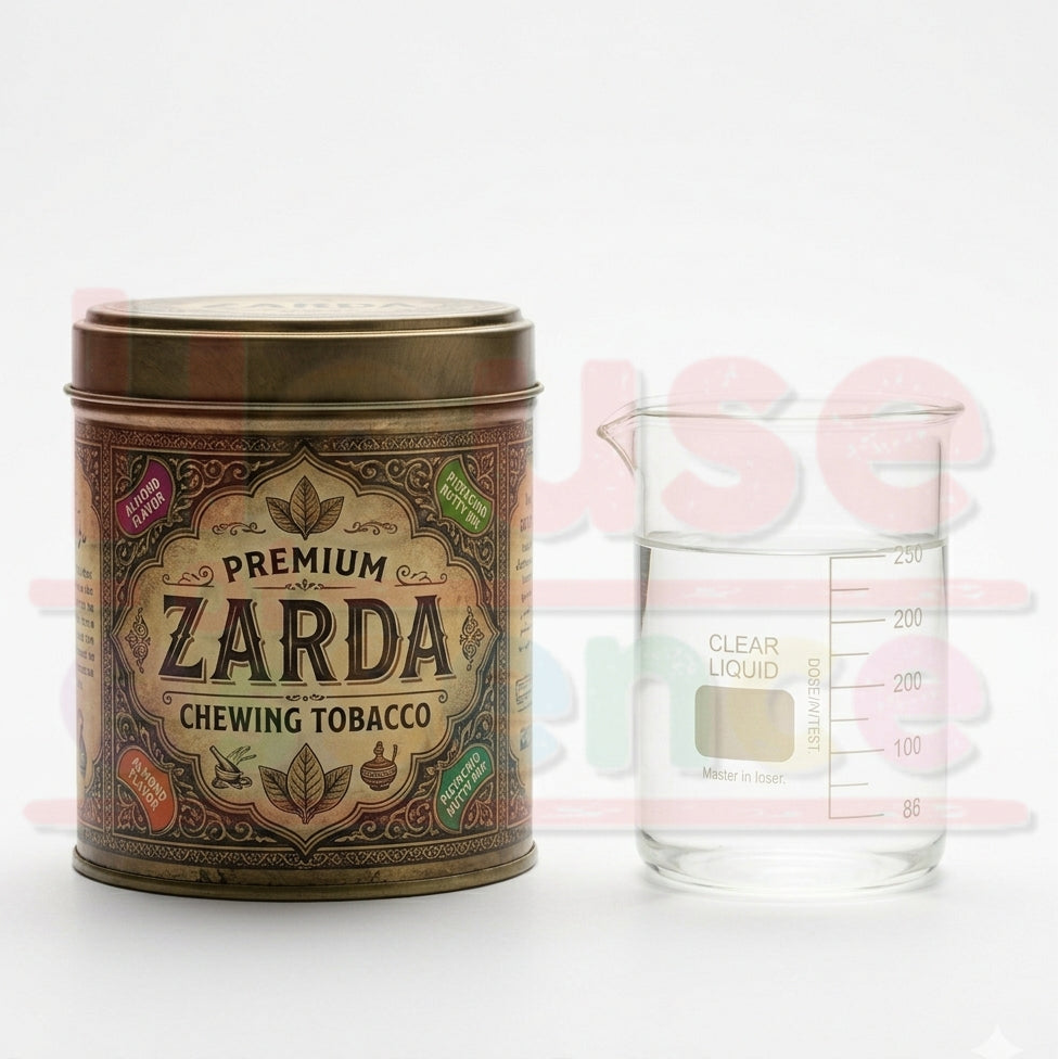 Industrial product photography of Premium Zarda Chewing Tobacco and a 250ml glass beaker containing clear liquid flavouring essence. High-quality manufacturing visual for food and tobacco additives on a seamless white background